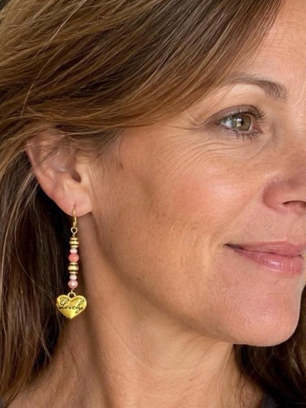 “LOVELY” Gold Heart Drop Earrings w/Gold Antique Accents & Pastel Glass Beads